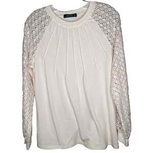 Women's Cream Crochet pleated neck Women's Blouse Size Small cottagecore boho